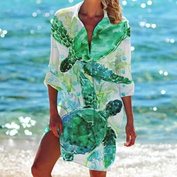 Sea Turtle Seahorse Starfish 3D Print Beach Blouses Women Long Sleeve Blusa Mid-length Shirts Buttons Shirt Blouse Pocket Tops