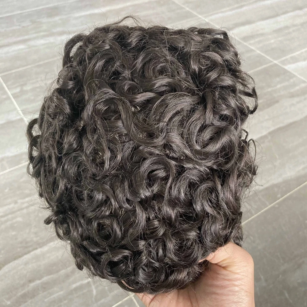 Human Hair 20mm Curly Hairstyle Fashion Men\'s Wig Injected Full Poly Skin Durable Hair Capillary System 120% Density Men Toupee