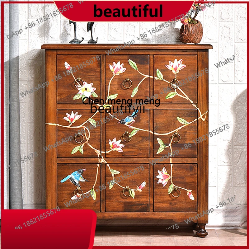 

New Chinese-style camphor wood cabinet retro solid wood painted storage locker American tea cabinet H