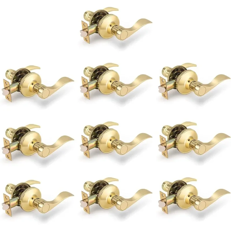 Drop/Wave Hall and Closet Door Locks Passage Levers for Interior Door, Polished Brass Finished,10Pack