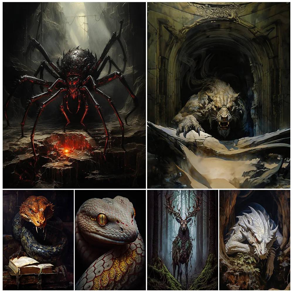 Spider Lair,Deer Elf,Dragon,Snake,Magic Creature Wall Art Canvas Painting Surreal Fantasy Animal Vintage Art Poster Print Decor