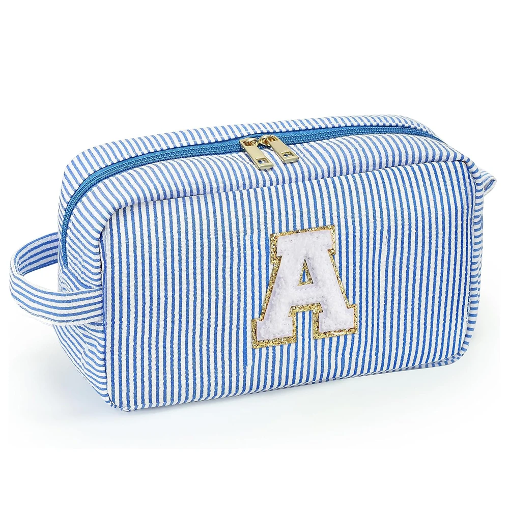 Personalized Cute Initial Waterproof Blue Chenille Letter Patch Cosmetic Bag Makeup Pouch Toiletry for Women Girls Gifts