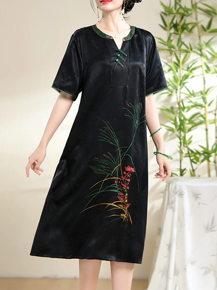 BirdTree 100%Mulberry Silk Retro Dresses, Women's XiangYunSha Printed, Elegant Loose Large Mom Dress, 2024 Summer New D44436QM