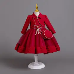 Formal Princess Dresses for Elegant Girl Party Christmas Dress 3 PCS Set Long Sleeve Kids' Red Clothes with Bag 3 to 7 Years
