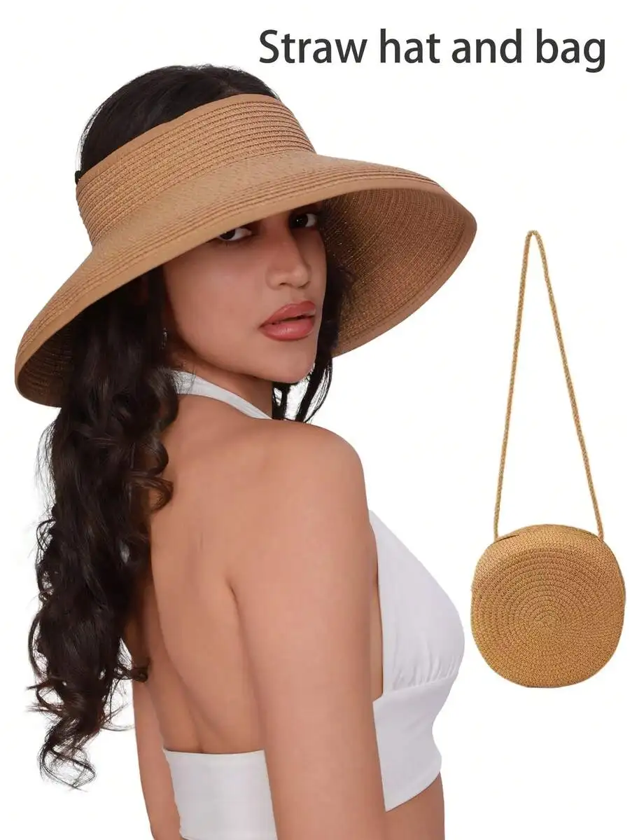 2pcs/Set Women's Khaki Wavy Straw Sun Hat And Crossbody Straw Handbag, Suitable For Daily, Beach, Travel, Wide Brim Straw Sun