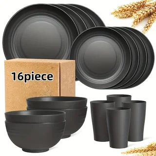 16/32-piece kitchen plastic wheat straw tableware set, 4/8-person, plates, dessert plates, cereal bowls, cups, durable plastic outdoor camping tableware, wheat straw tableware, suitable for family gatherings, birthday parties.