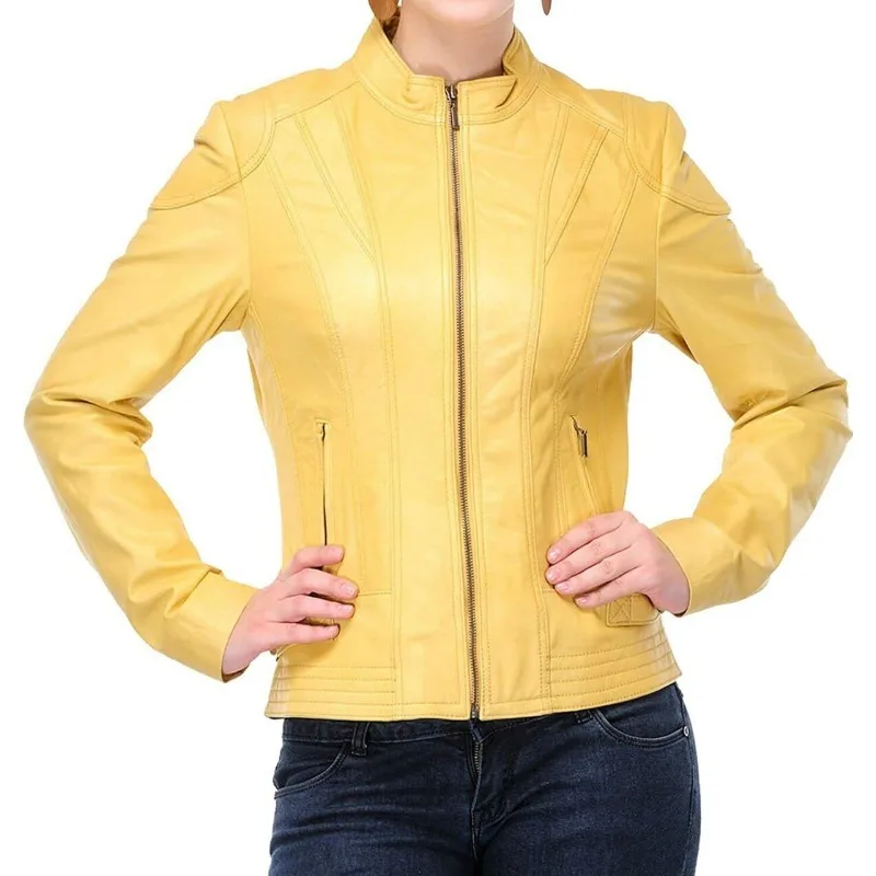 

Yellow Fashion Casual Women's 100% Zip Front Lambskin Slim Leather Jacket