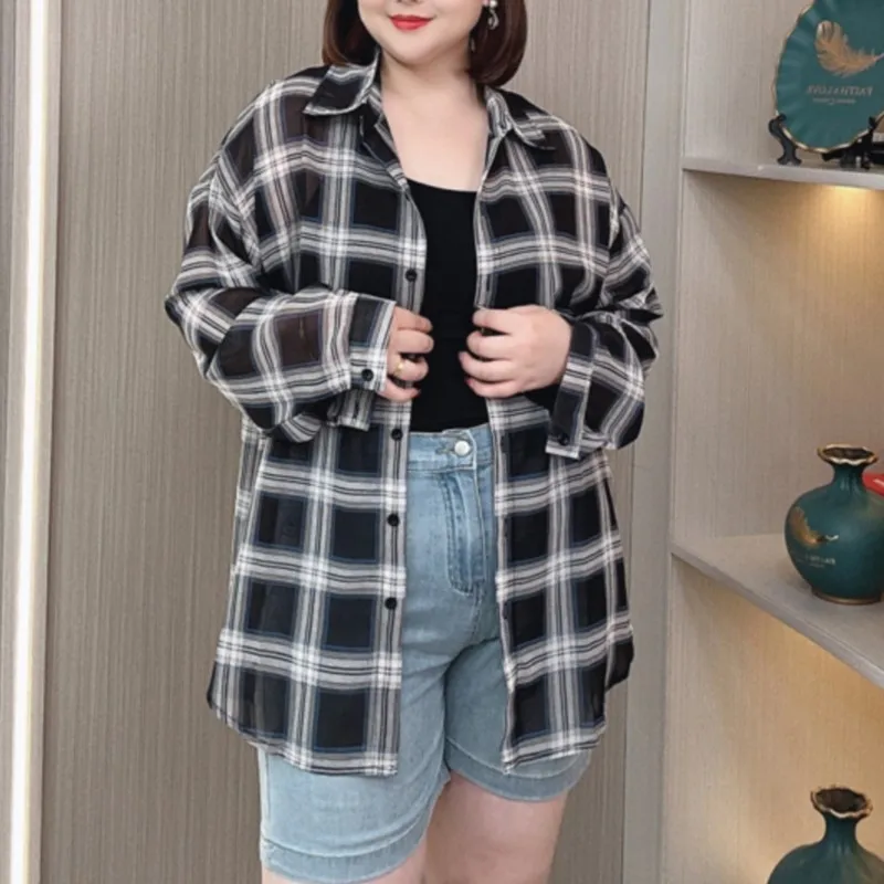 Red Plaid Shirt Women Summer Long Sleeve Sun Protection Clothes Plus Size Loose Casual Outside With Blouses