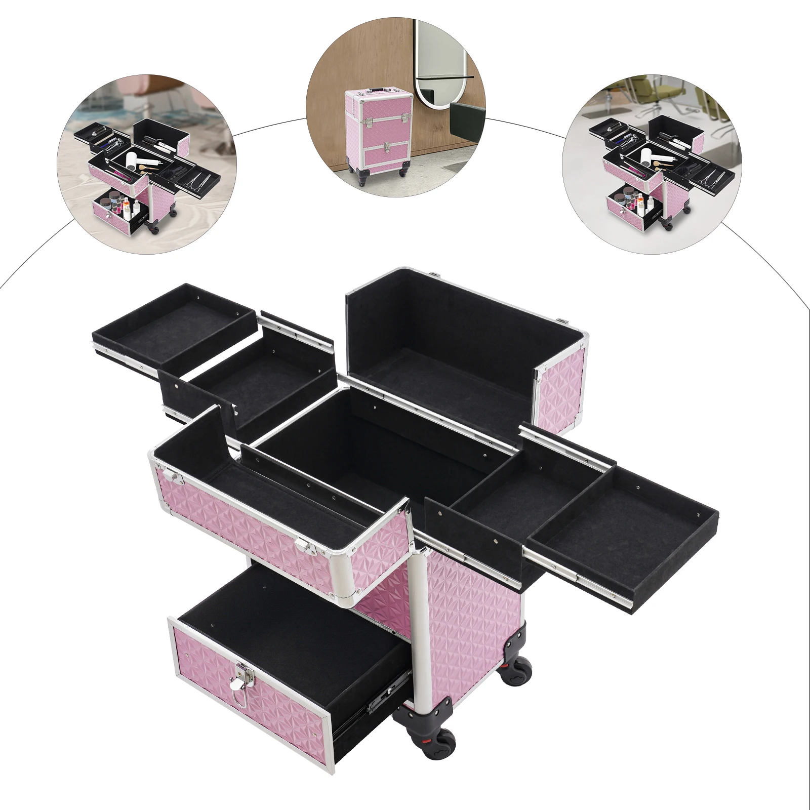 13.4*9.8*18.5inch Rolling Makeup Case with Drawer Travel Trolley Cosmetology Case on Wheel Makeup Storage Salon Barber Case