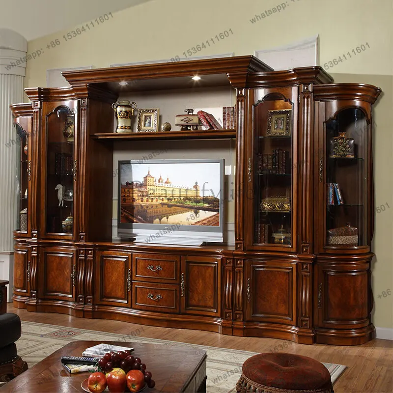 American combination TV cabinet solid wood European retro living room TV wall cabinet