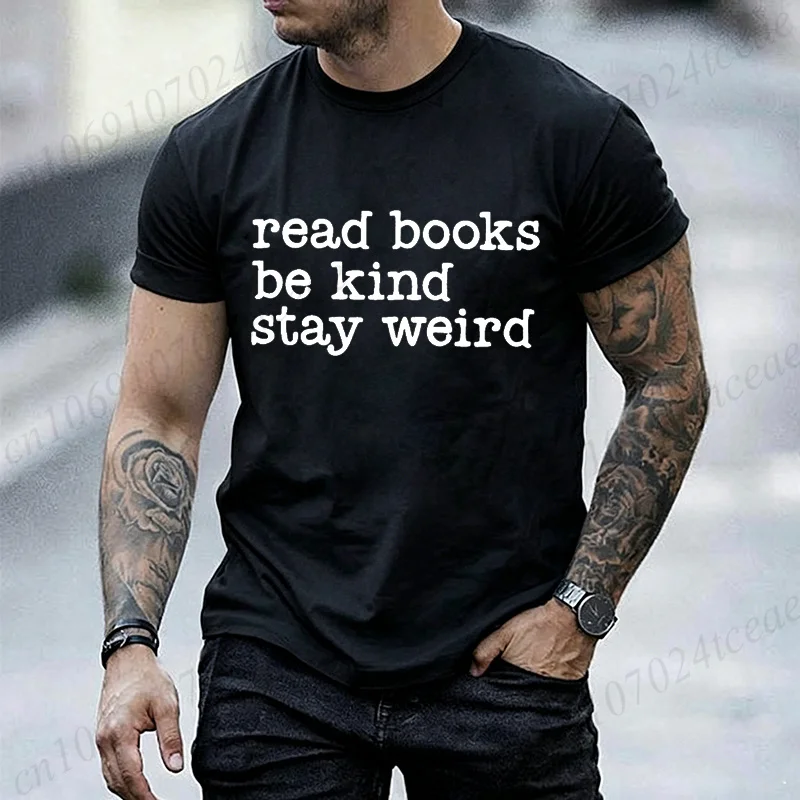 Buchliebhaber-Slogan Grafik Herren T-Shirt „Lesen Sie Bücher, Seien Sie freundlich, Bleiben Sie seltsam“ Aufdruck Kurzarm O-Ausschnitt Lässige Lose Oberteile Damen T-Shirts – Detail 6
