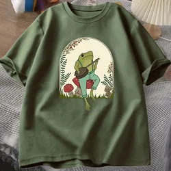 Cute Cottagecore T-shirts Aesthetic Frog Playing Banjo on Mushroom T Shirt Men Summer Cotton Short Sleeve Tee Shirt Mens Clothes