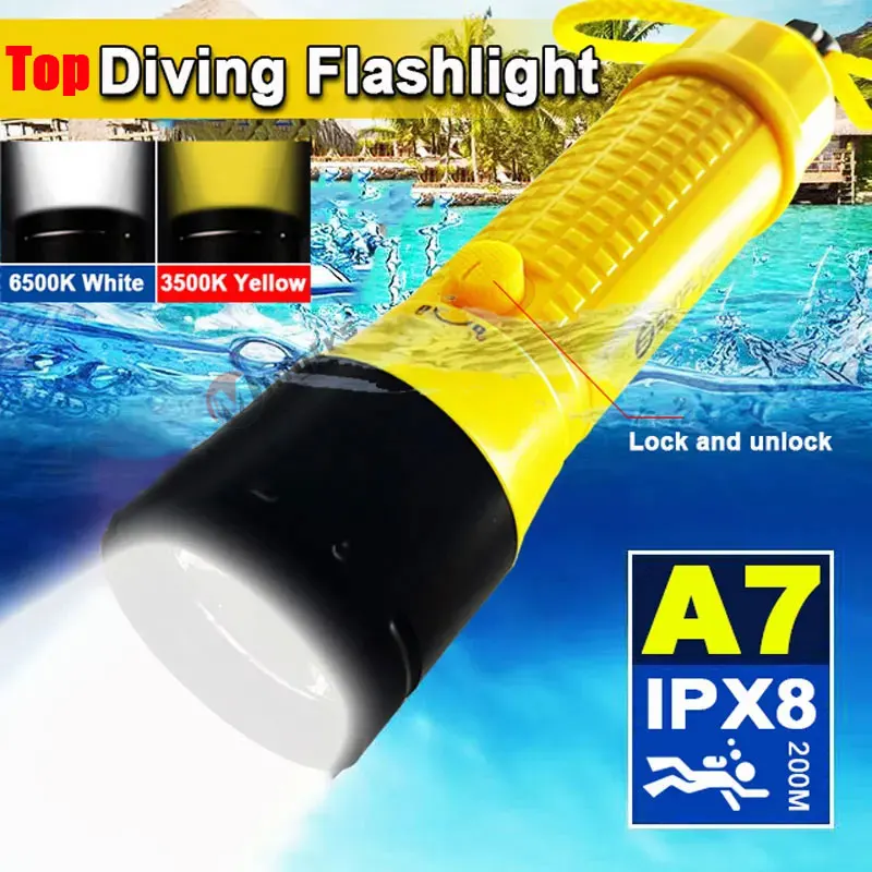 A7 LED Scuba Diving Flashlight IPX8 Waterproof Underwater 100m Dive Lamp Built-in 6000mAh Battery Rechargeable Dive Light