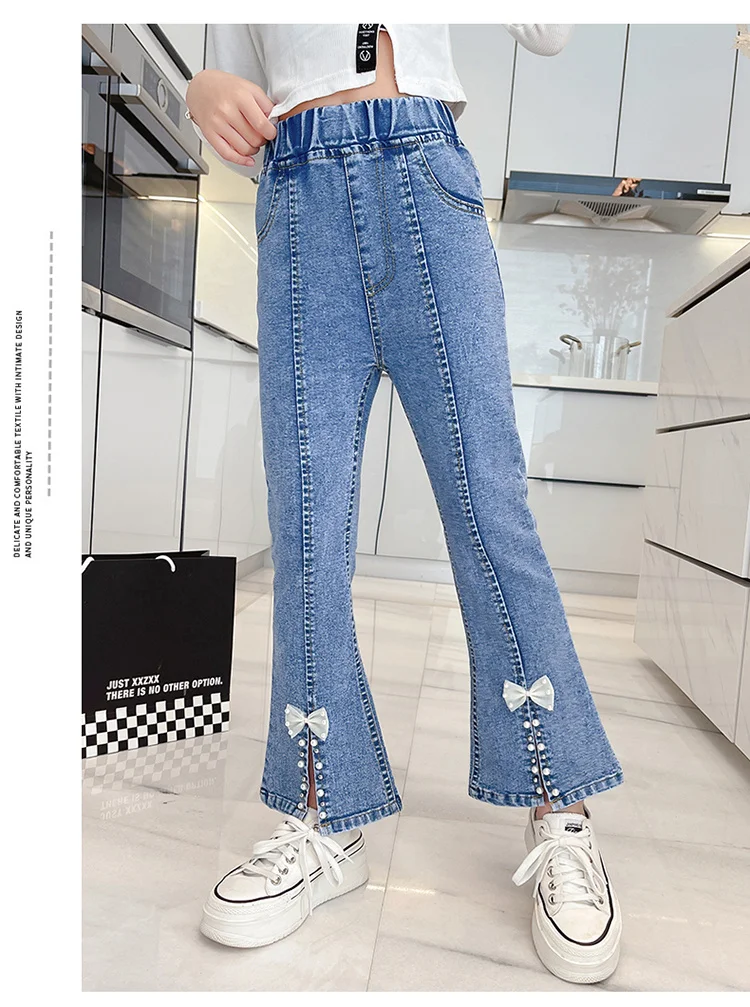 Elegante Kinder-Jeans mit Schlitz und Perlen für Mädchen, schmal geschnittene Denim-Hose mit Schleife, Kinderhose mit Schleife, Größe 5 6 7 8 9 10 11 12 13 14 – Detail 3