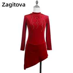 ZAGITOVA Figure Skating Performance Dress Women Girls Ice Skating Skirt Wine Red Velvet Warm With Shining Diamonds