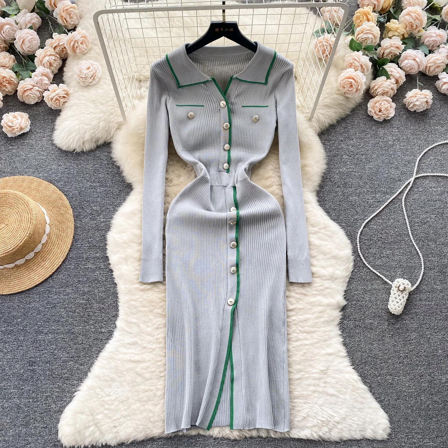 Elegant Sexy Single Breasted Long Sleeve Lapel Split Bodycon Dress French Stretch Knit Tight Vestido Slim Autumn Winter Robe