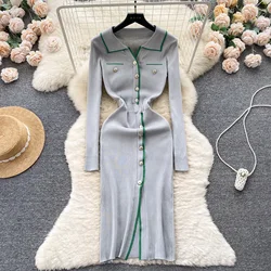 Elegant Sexy Single Breasted Long Sleeve Lapel Split Bodycon Dress French Stretch Knit Tight Vestido Slim Autumn Winter Robe