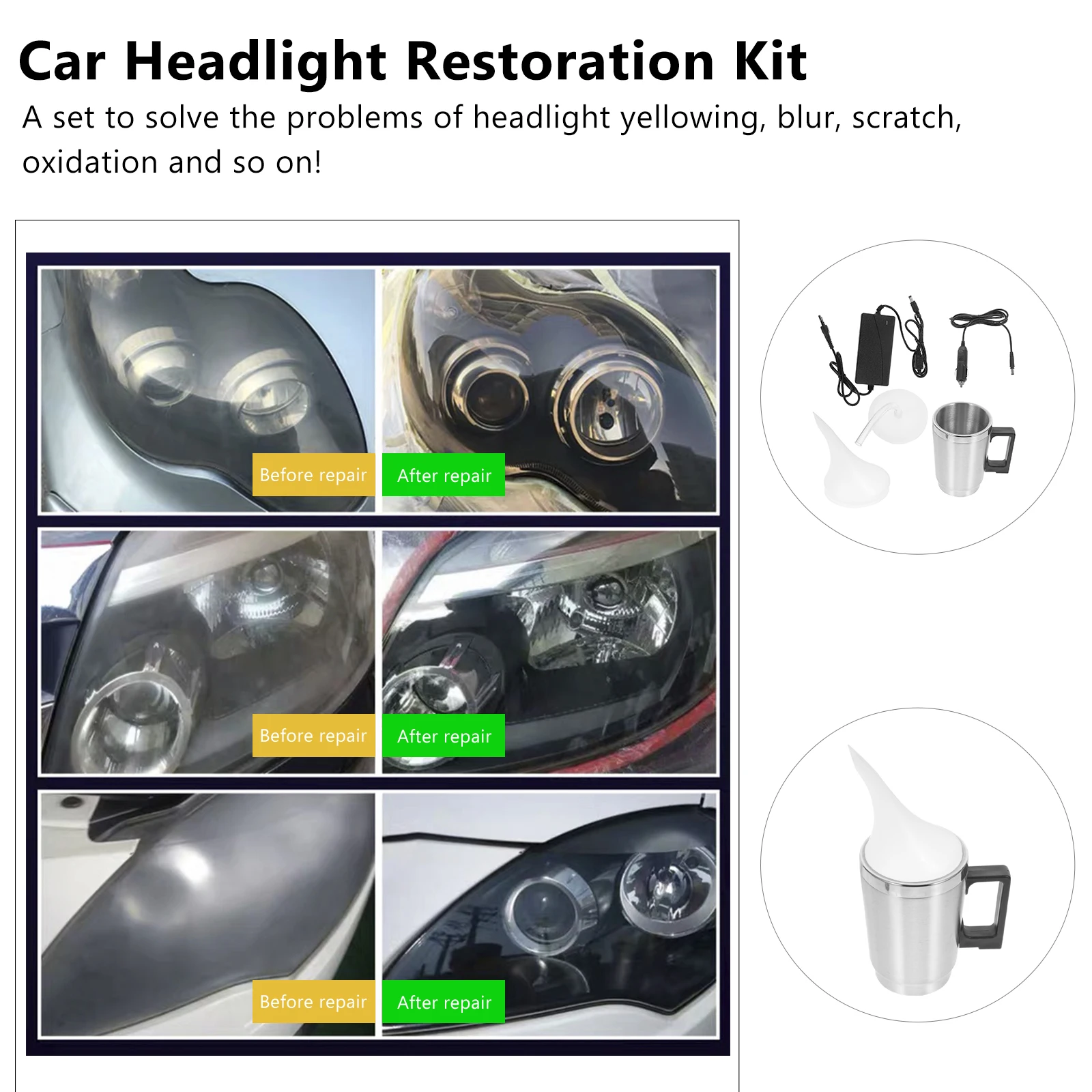 

Headlight Polishing Kit Sturdy Restoration Tool for Blurring Crack Scratch Repair Includes Power Adapter Coating Solution Cup