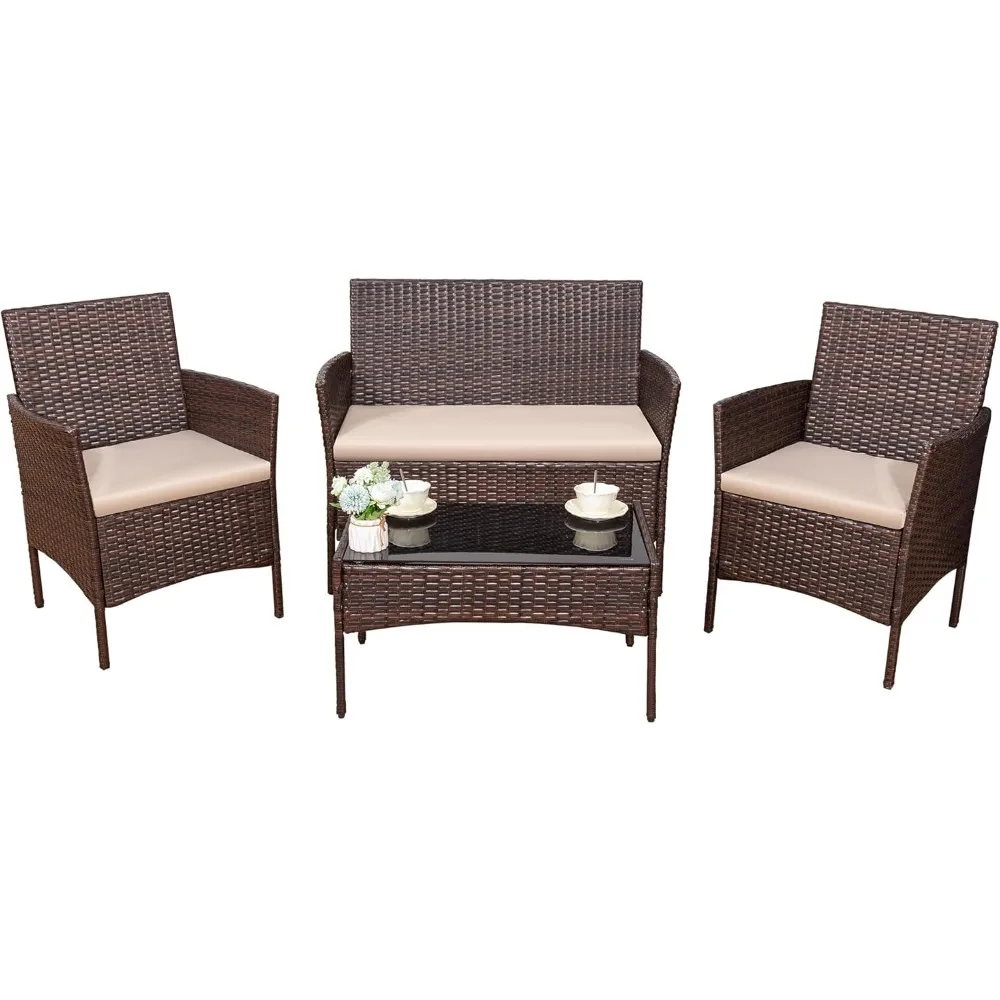 4 Pieces Outdoor Patio Furniture Set, Rattan Wicker Chairs Balcony Lawn Porch Patio Furniture Sets with Beige Cushion