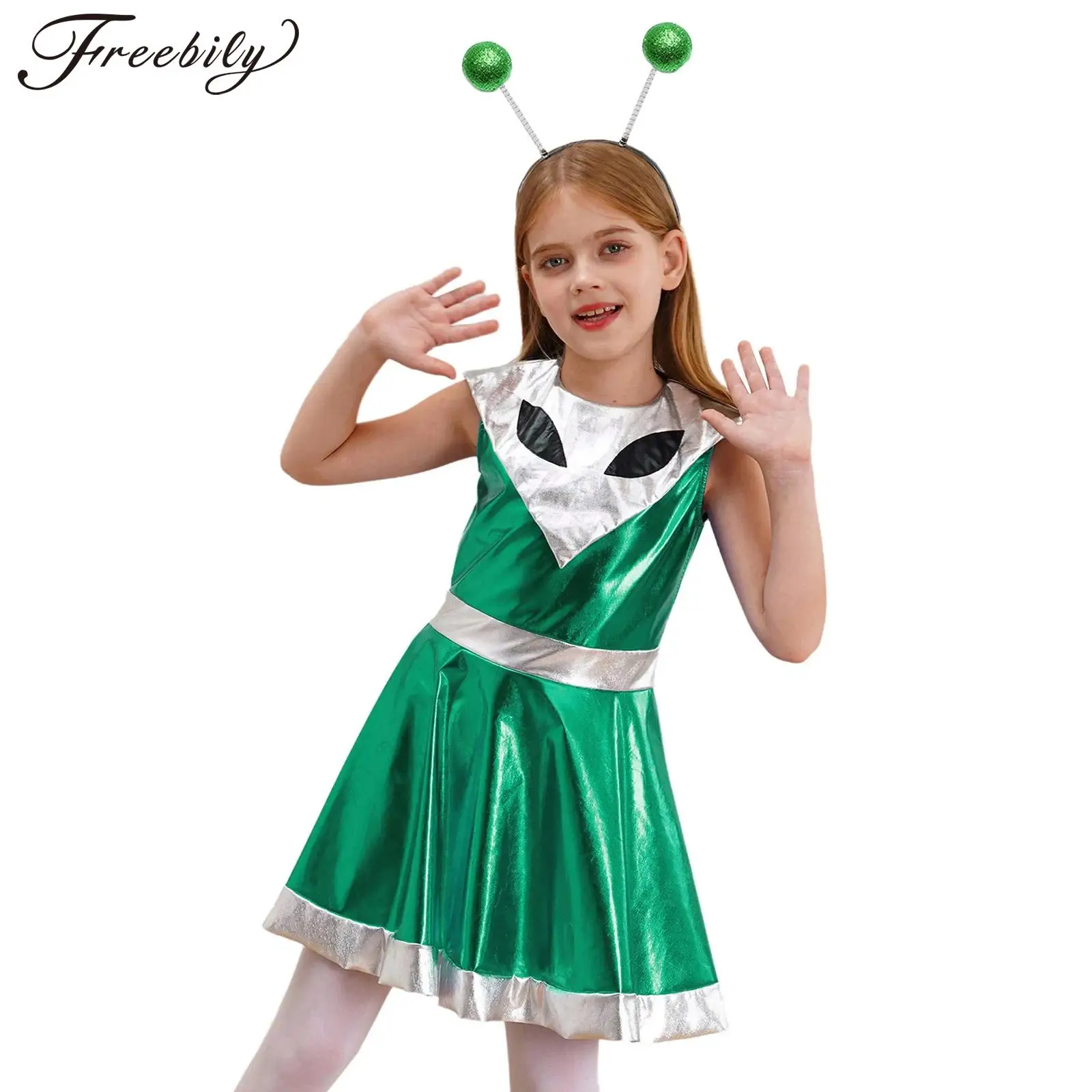 

Kids Girls Halloween Alien Cosplay Costume Shiny Metallic Sleeveless A-line Dress Carnival Roleplay Theme Party Fancy Dress Up