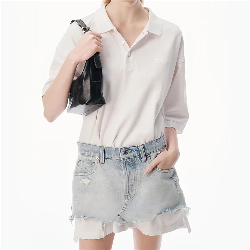 Women's Fashion Autumn New PureCotton Contrast Color Patchwork Polo Shirt Short Sleeve Dress with Faux TwoPiece Denim Mini Skirt