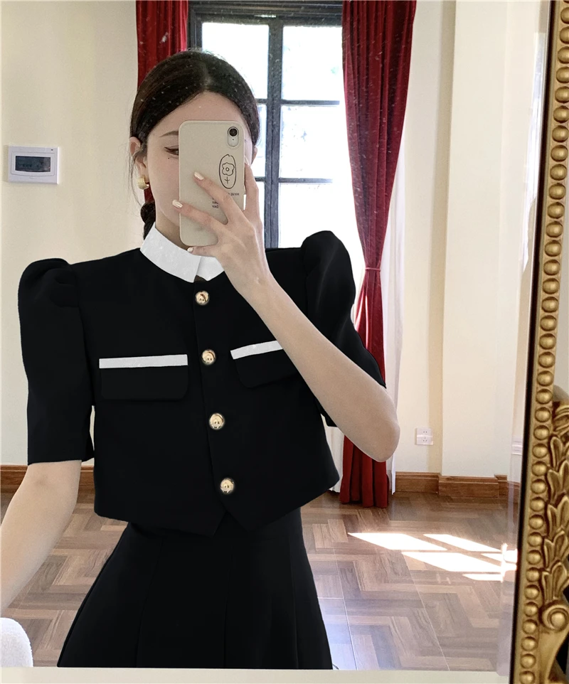 Two Piece Sets Womens Outifits Solid Puff Sleeve Blouses+solid Skirts Korean Fashion Ropa Mujer Summer Elegant Office Lad