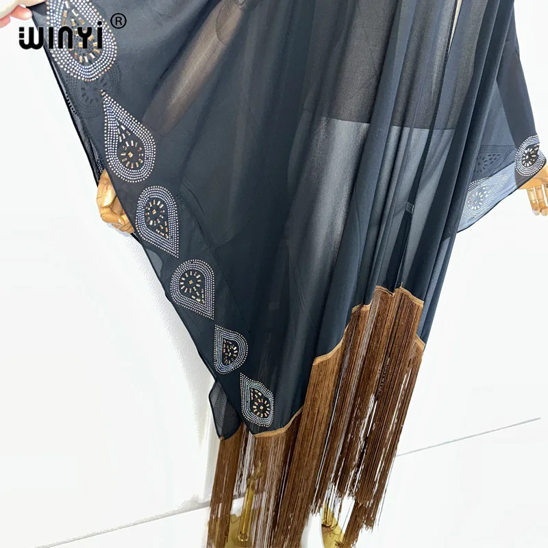 WINYI-Cardigan à manches longues avec pompons, kimono d'été, robe maxi, couverture de bikini, noir, sexy, perspective, perçage à chaud, vacances, plage