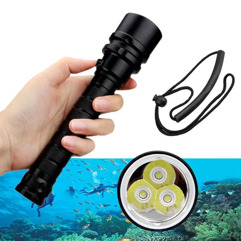 Potente linterna LED de buceo, luz UV/blanca, resistente al agua, bajo el agua, 100 metros, alimentada por batería 18650