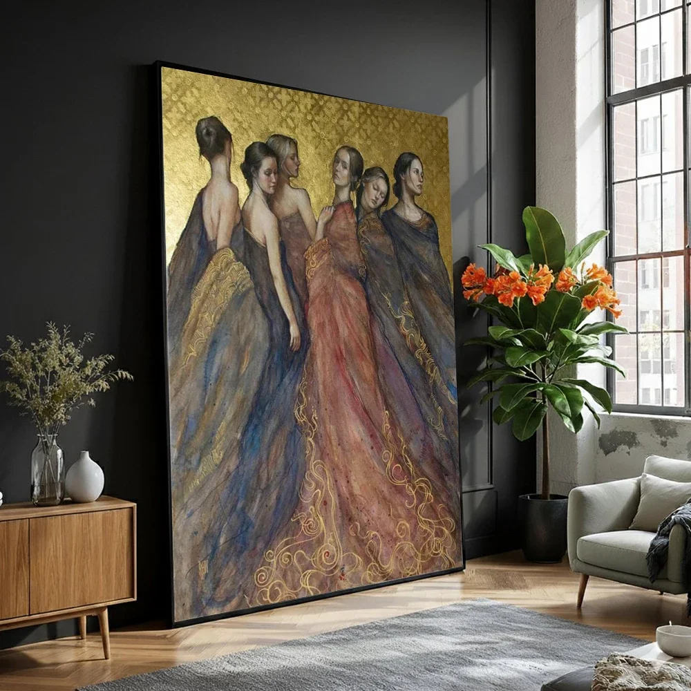 Three Muses in Golden Robes Canvas Print Modern Figurative Art Poster For Living Room Elegant Women Canvas Painting Wall Art