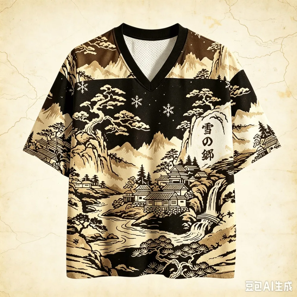 Modische japanische Ukiyo-e-Landschaftsmuster, 3D-gedrucktes lässiges Street-Outdoor-Fitness-T-Shirt für Männer mit V-Ausschnitt, große Größe, Eltern-Kind-Modell – Detail 4