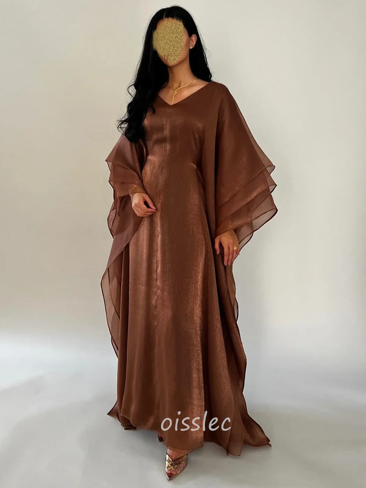 Oisslec Simple Evening Dress Brown Long Sleeves Ruffled Formal Occasion Gown Prom Dress For Ramadan 2024 vestidos de noche