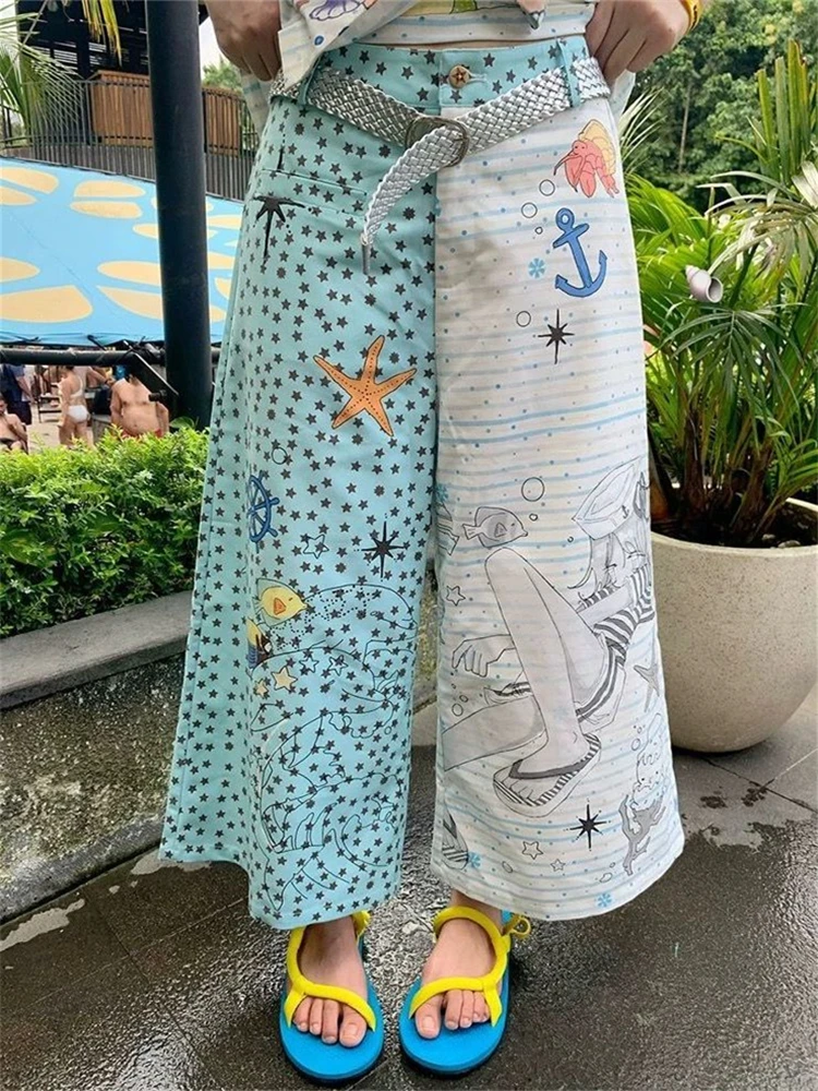 

Women's Blue Asymmetric Printing Pattern Wide Leg Calf-length Trousers Summer Sweet Girl Shorts Female High Waist Capris Pants