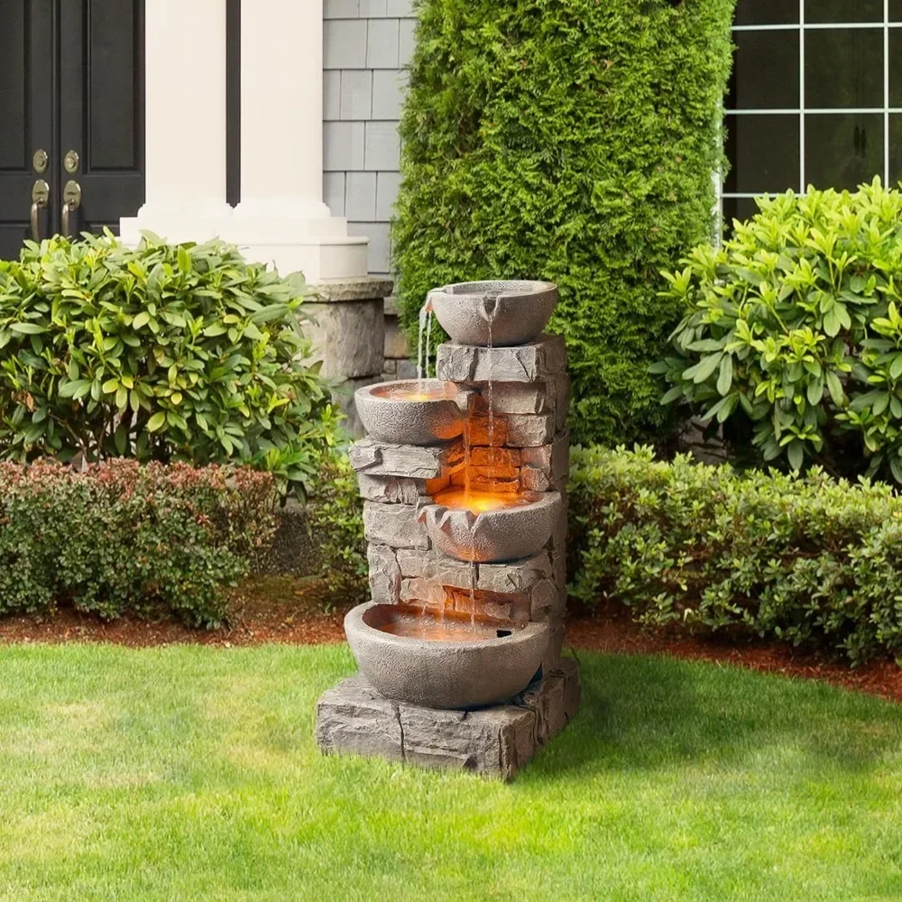 33.25 in. Cascading Bowls and Stacked Stones LED Outdoor Water Fountain for Gardens, Landscaping, Patios, Balconies, and Lawns