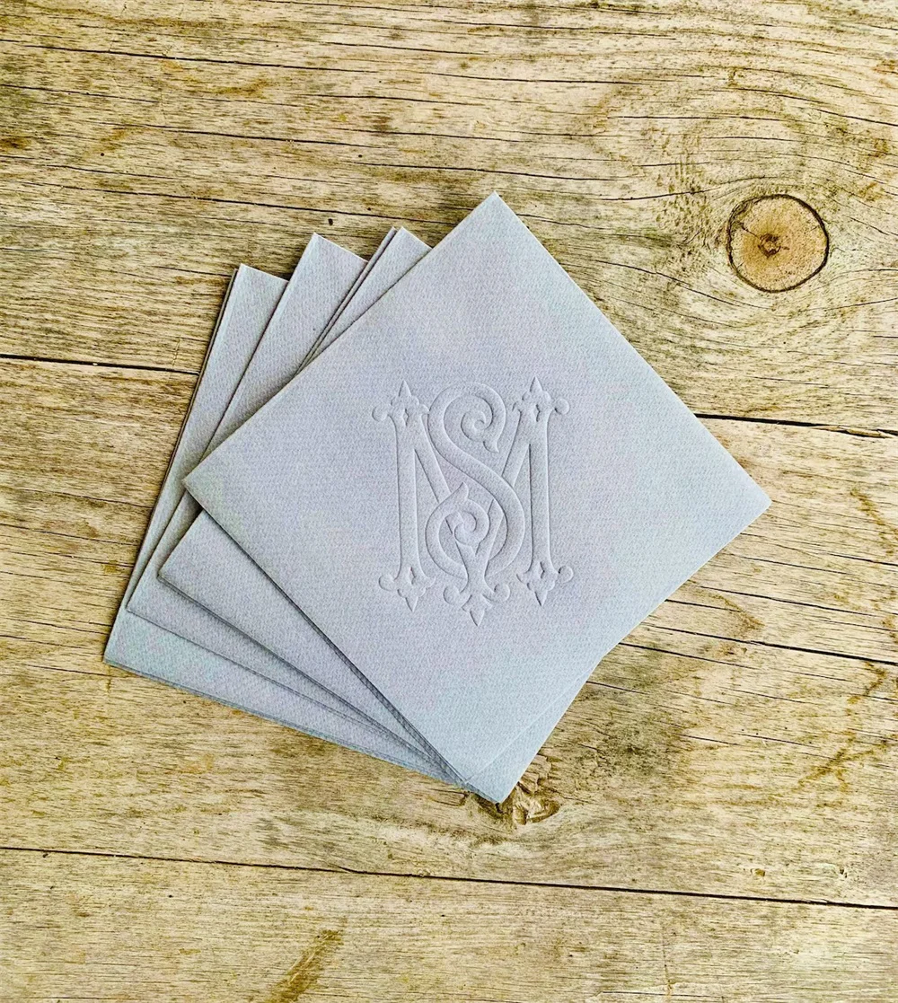 50PCS Embossed Napkins, Interlocking Monogram, Monogrammed Linen Like Beverage Napkins, Paper, Personalized, Cocktail, Wedding N