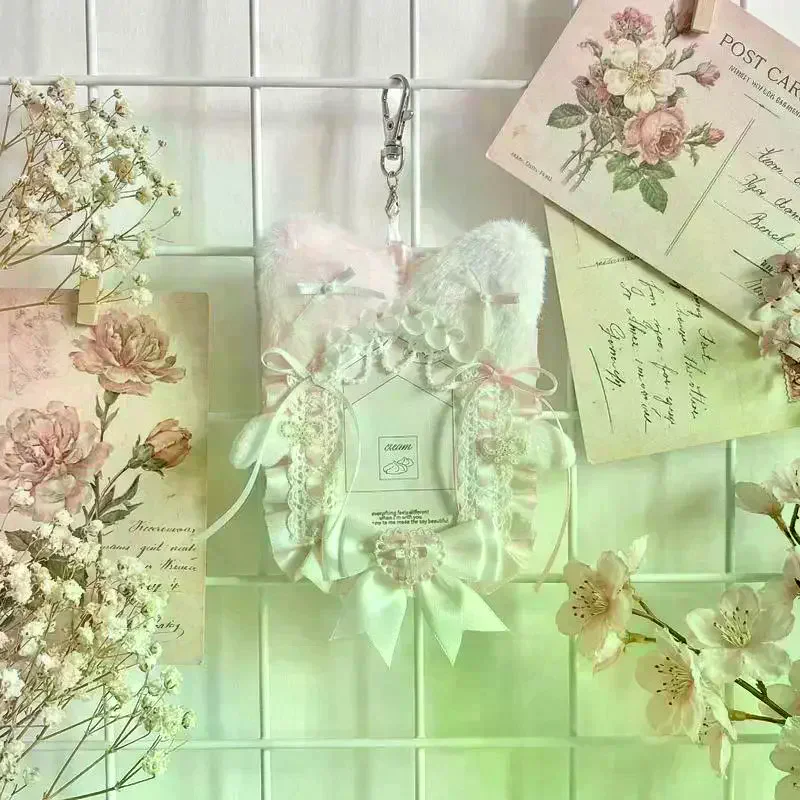 Sweet Cute Plush Lace Photocard Holder Anime Lolita Idol Display Photo Protector Case Card With Bowknot Pendant Bag Accessory
