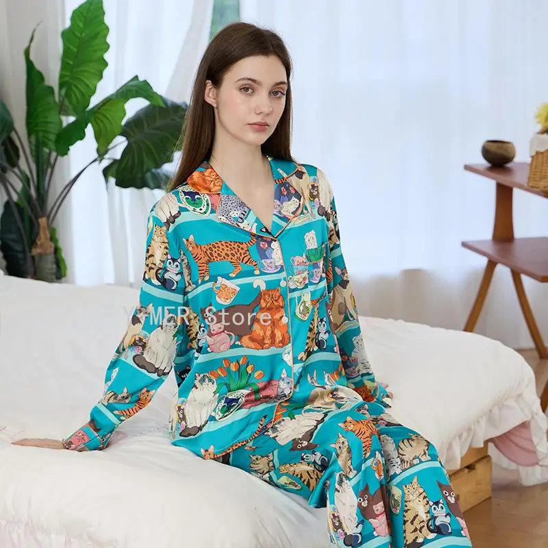 Women Cute Cat Print Ice Silk Loungewear Pajama Set, Spring Autumn Smooth Cardigan Long Sleeve Long Pants Sleepwear