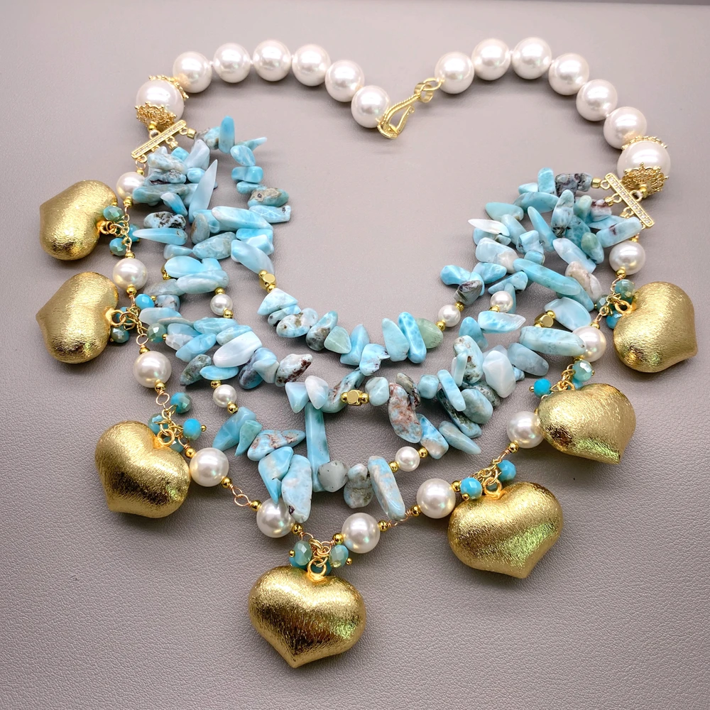 Y·YING Multi‑Strand Larimar Chip Sea Shell Pearl Necklace Gold Heart Charms Boho Statement Necklace for Women