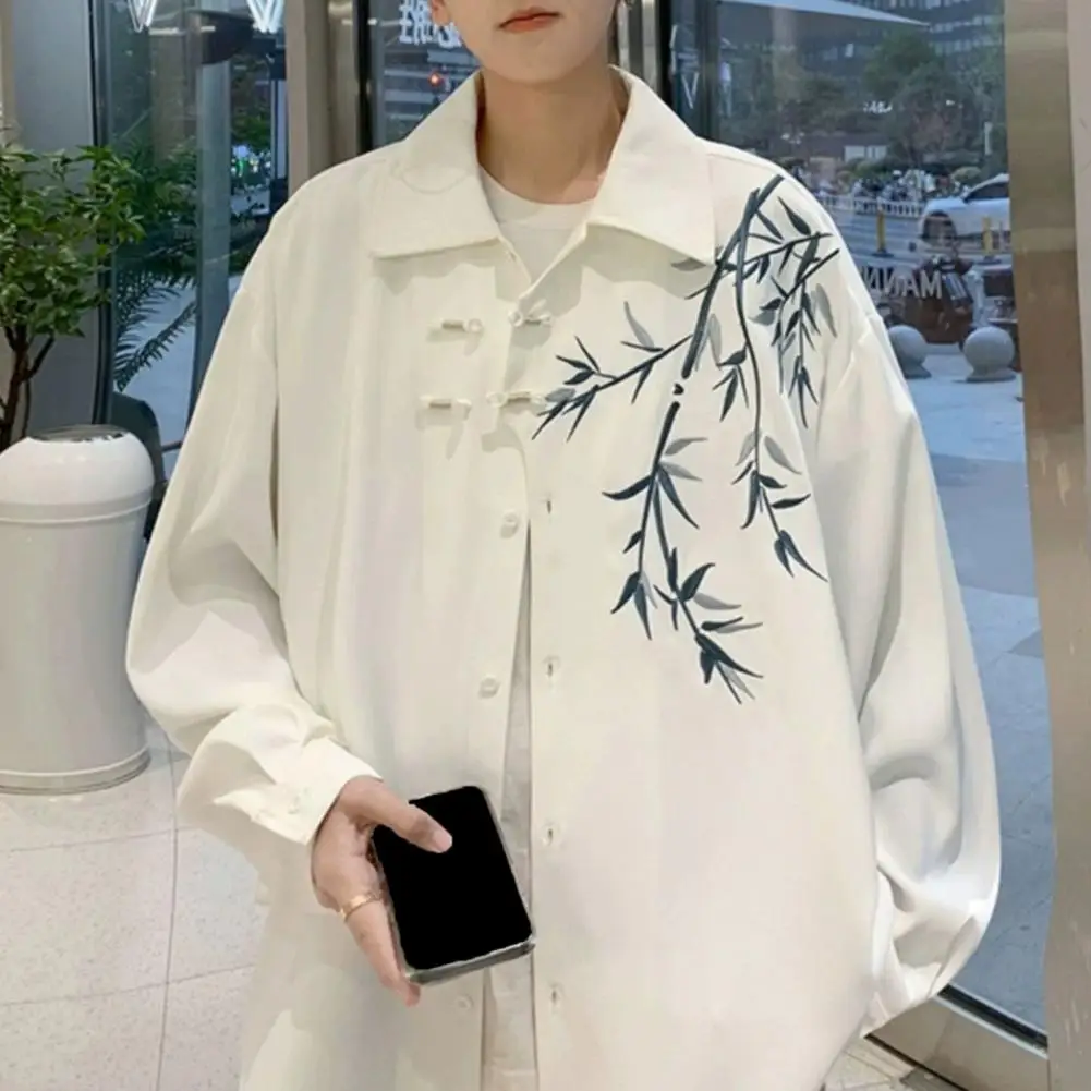 Retro Chinese Style Men Shirt Bamboo Embroidery Men Top Tang Suit Style Chinese Style Men Top Vintage Shirts Spring Male Shirt