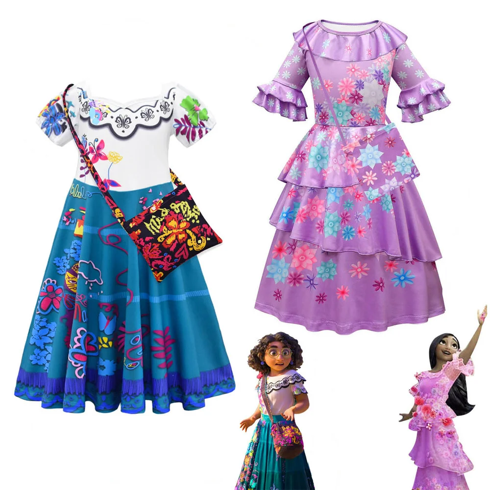 

Kids Mirabel Cosplay Costumes Girls Encanto Princess Dress Fashion Short Sleeve Baby Children Birthday Party Clothing and Bag