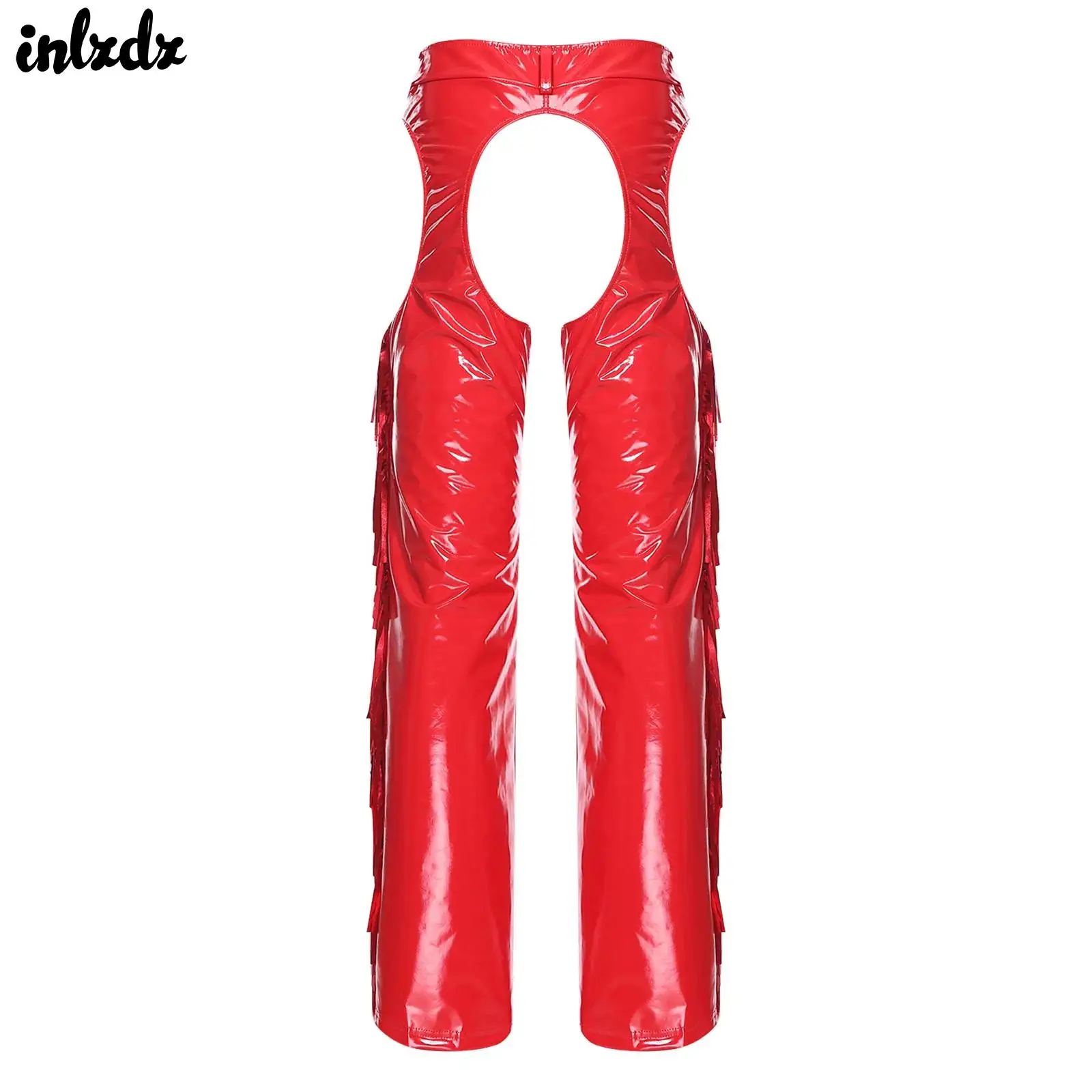 

Womens Glossy Hollow-out Crotch And Thighs Chaps Pants Shiny Tassel Side Seams Wide Leg Open Butt Long Pants Cowgirl Clubwear