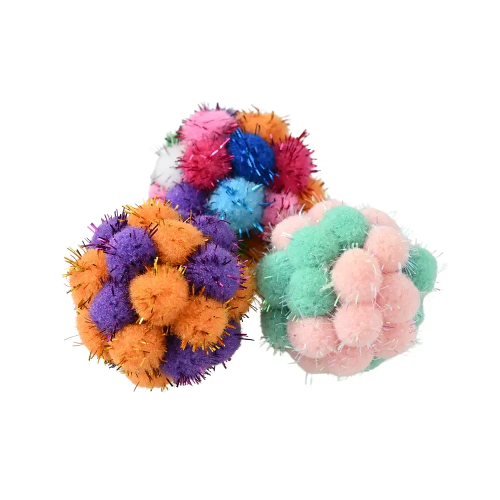 45 Sets/Carton 3PCS Plush Pom Pom Ball Cat Toys with Bell Interactive Kitten Play Balls Random Colors Wholesale Pet Supplies