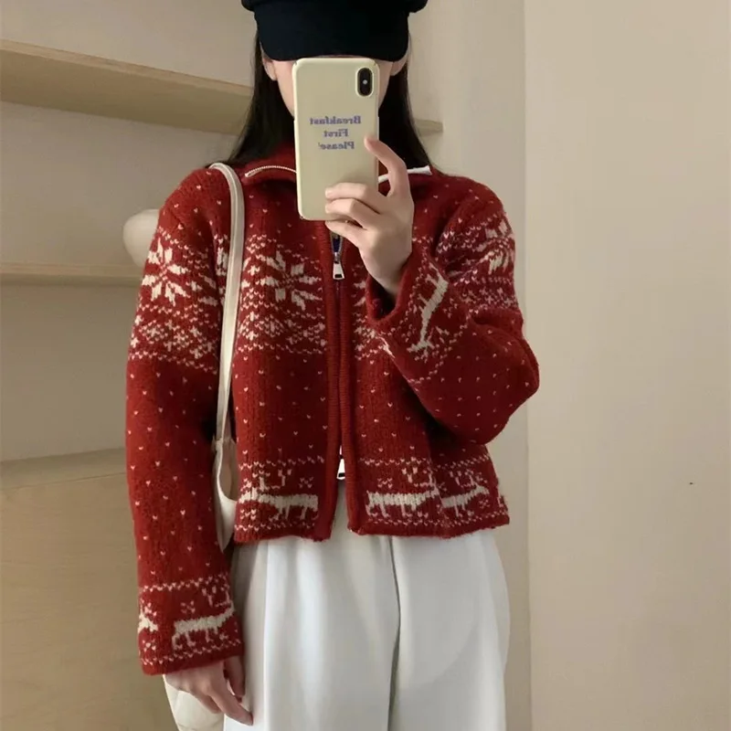 Autumn and Winter Korean Version of The New Snowflake Pattern Sweet Double Zipper Cardigan, Women's Loose Patchwork Knit Sweater