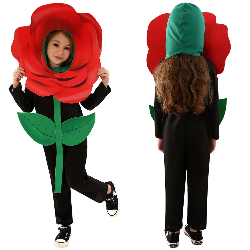 Costume de cosplay fleur rose pour enfants, déguisement de performance sur scène du campus de Noël, tenues de jeu de rôle fantaisie pour enfants, filles