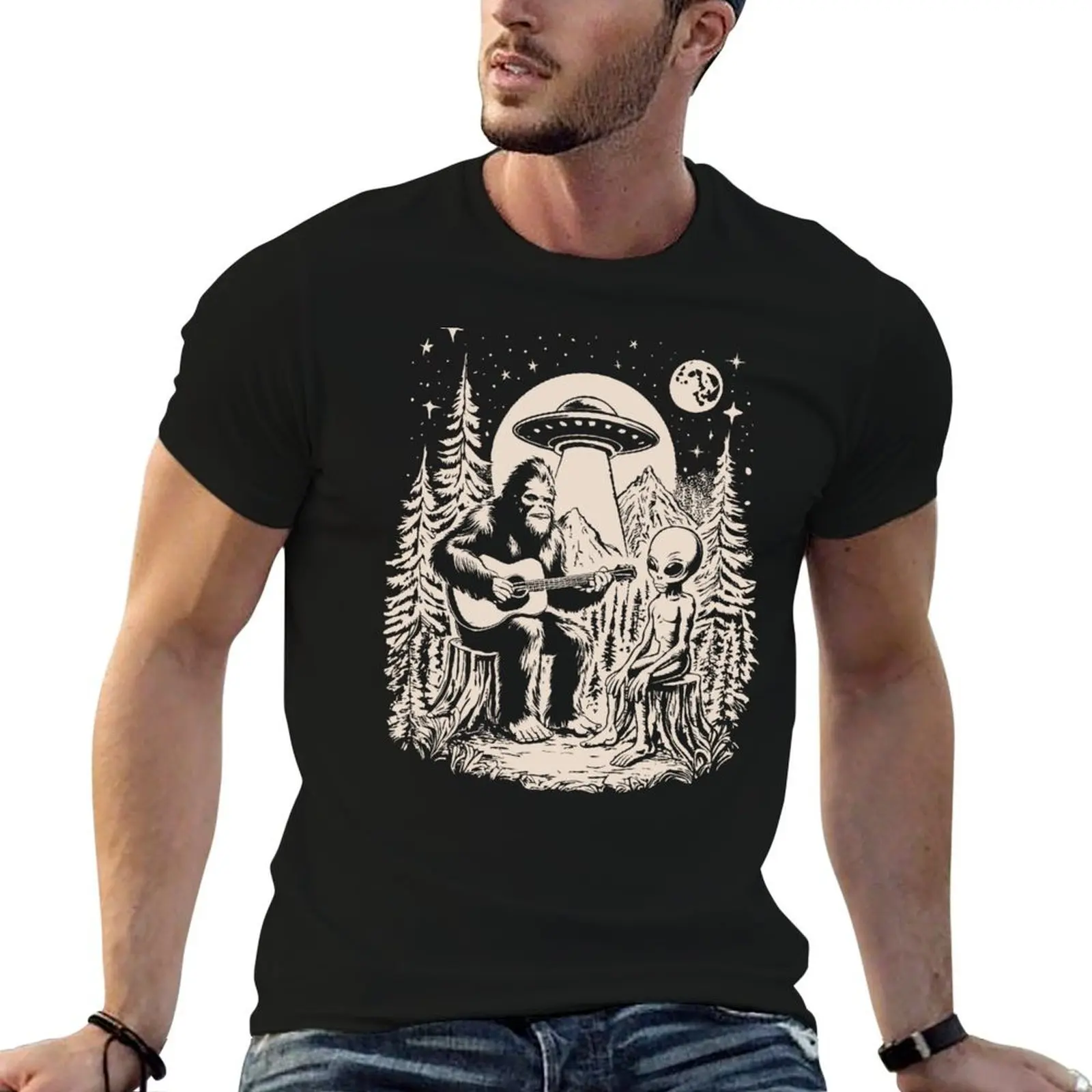 

Bigfoot Playing Guitar With Alien UFO Vintage Camping T-Shirt man tshirt t shirts designer T-Shirt