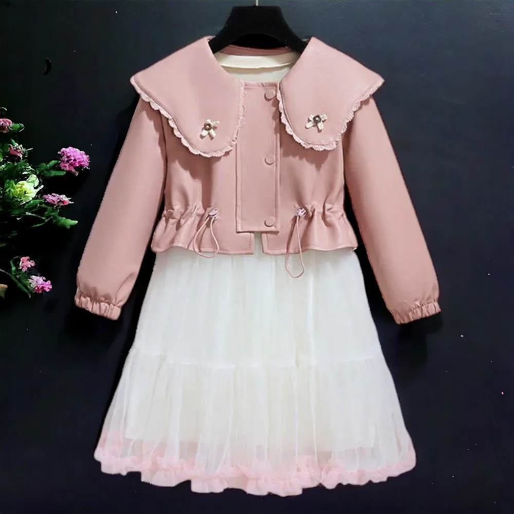 

Kids Outfits Set for Suit Girls Children Clothes Leather Coat & Dress 2pcs School Uniform Teenagers Costumes 4 6 8 9 10 12 Years