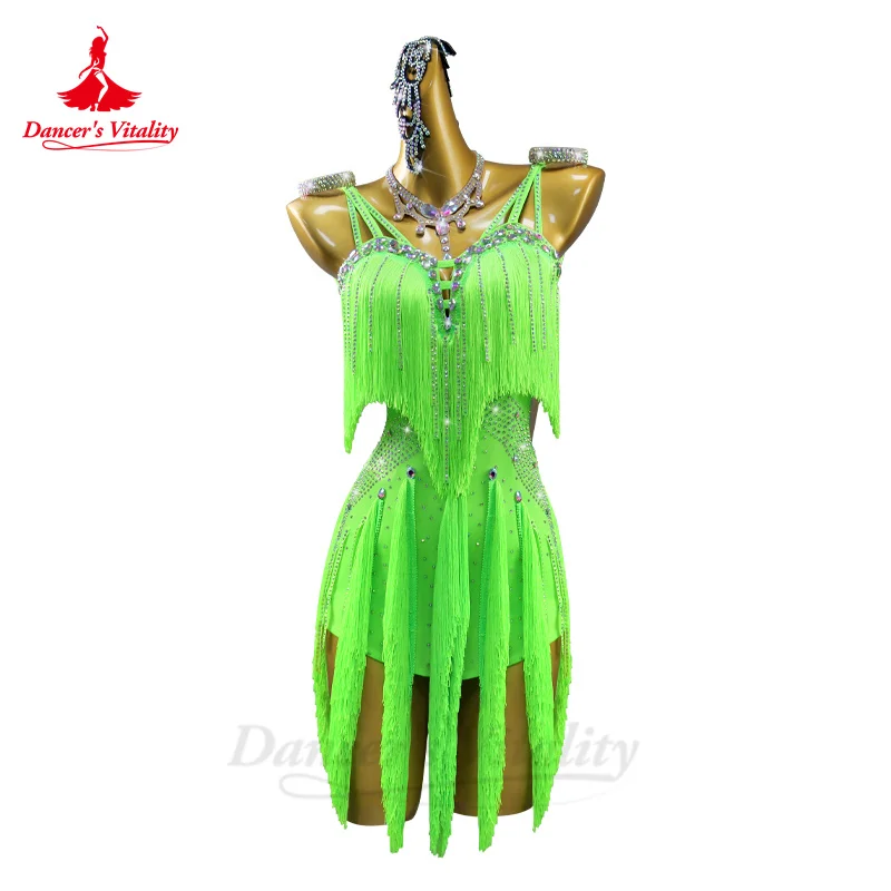 

Latin Dance Tassel Dress for Women Customsized Senior Stones Rumba Chacha Tango Performance Costume Skirt Latin Fringe Dresses