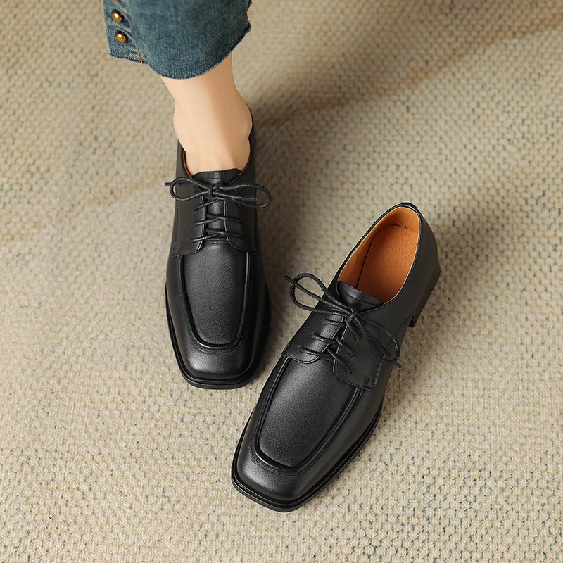 2024 New Spring Genuine Leather Women Shoes Casual Lace-up Loafers Square Toe Oxford Shoes Pumps Sliver Ladies Shoes