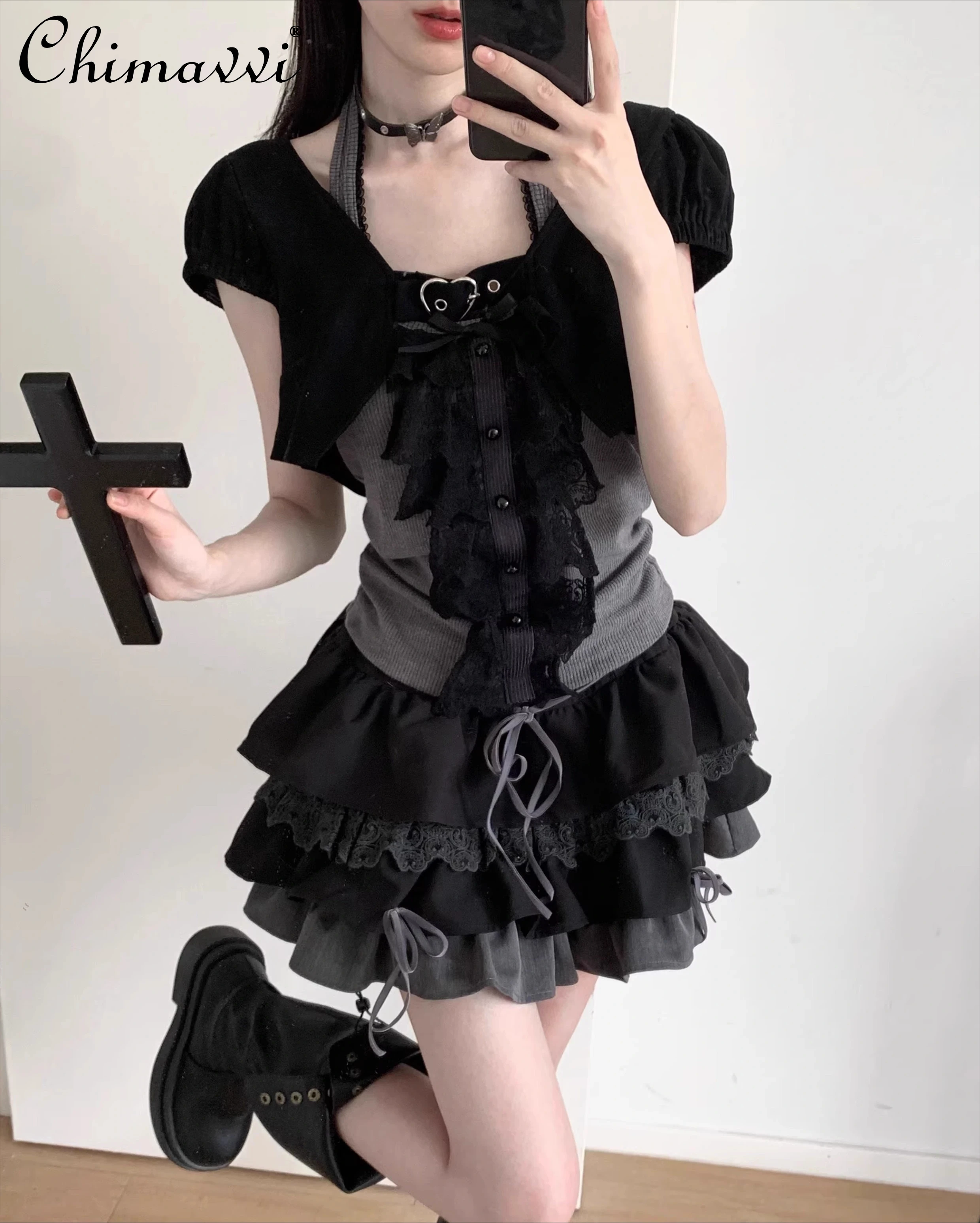 

Sweet Cool Girls Vintage Ruffle Edge Neck Tank Top Short Sleeve Coat Elastic Waist Multi-layer Cake Skirt Set Summer Y2K Outfits