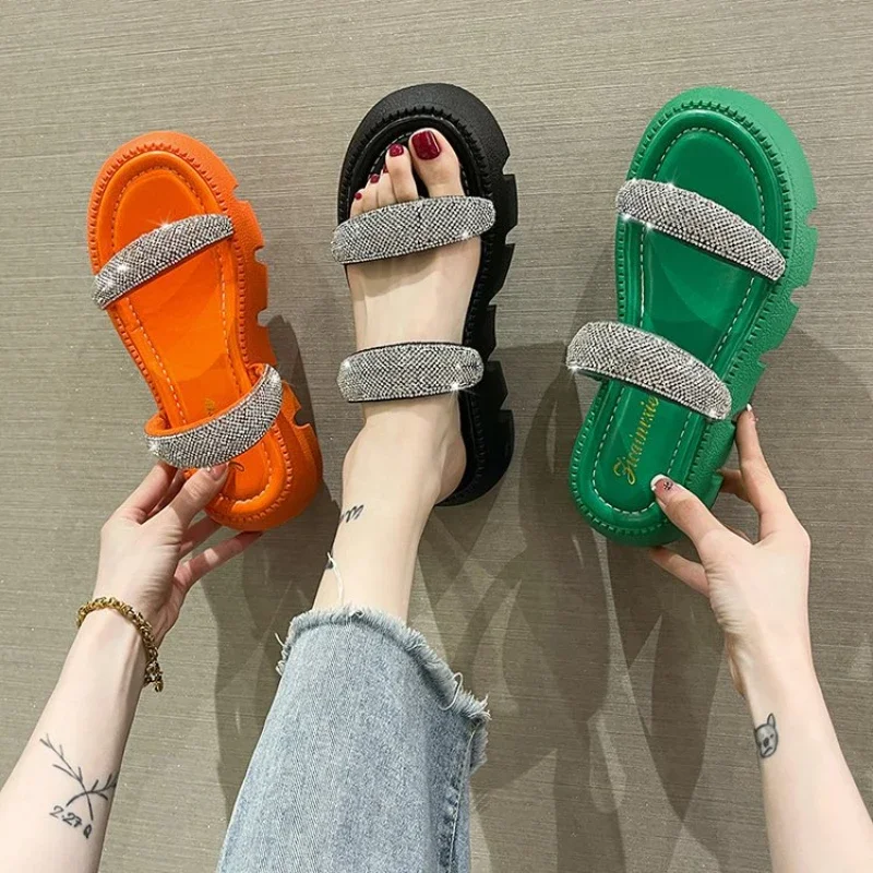 2024 Summer Fashion Rhinestone Sandals Candy Colour Thick Bottom Big Size Slippers Soft Bottom Beach Slippers Sandalias De Mujer