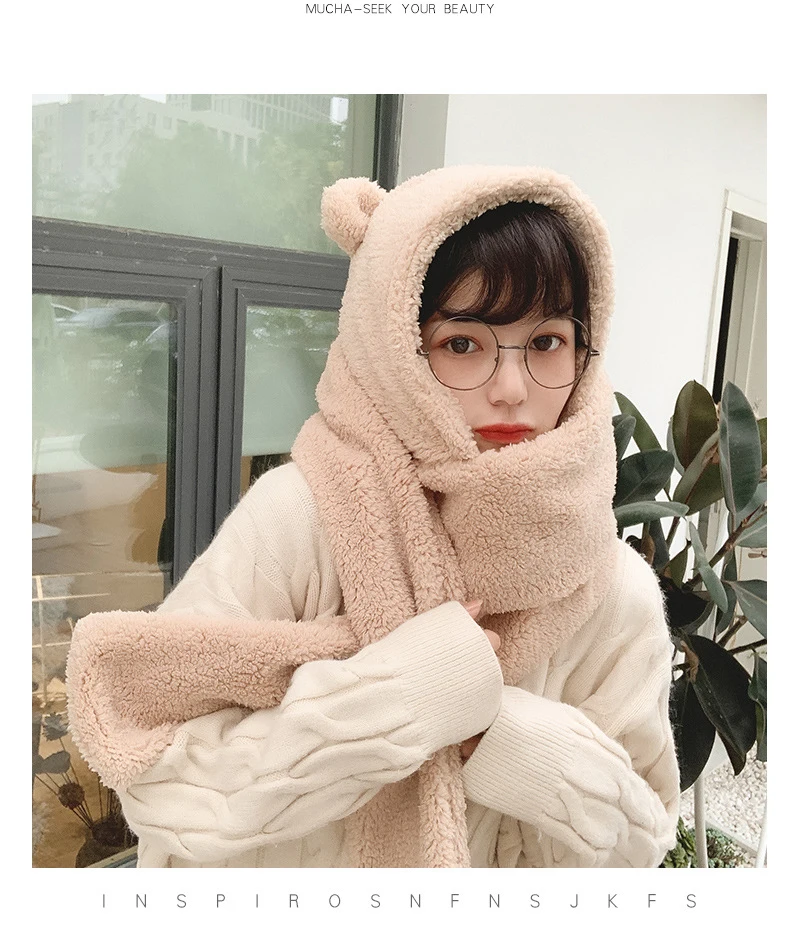 2Pcs Mode Winter Frauen Neuheit Beanies Caps Warme Bär Ohr Hut Casual Plüsch Hut Schal Set Casual Solide Frauen caps Präsentieren – Detail 6